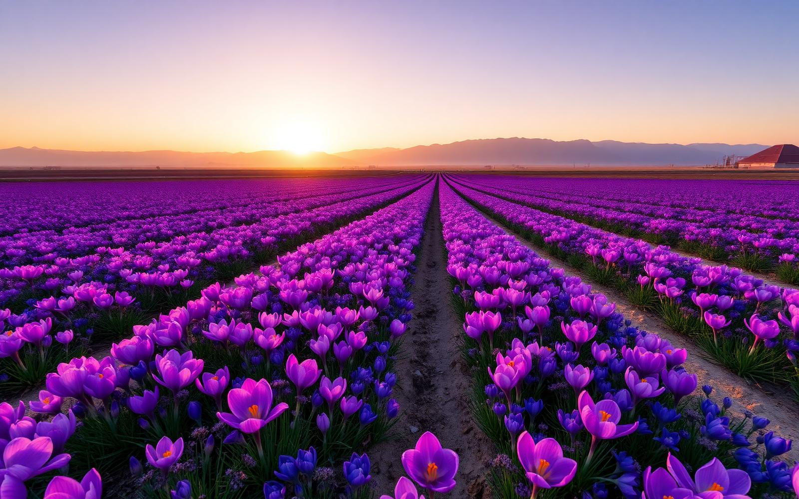 Crocus saffron field at dawn in Khorasan, Iran